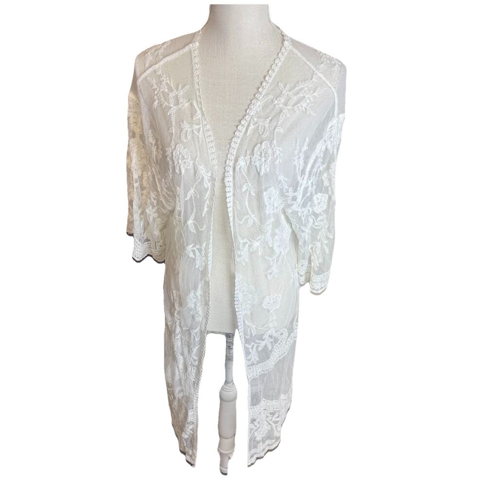Sheer Mesh Lace Cardigan Sweater Duster Long Cream Ivory Dainty Romantic sz L/XL